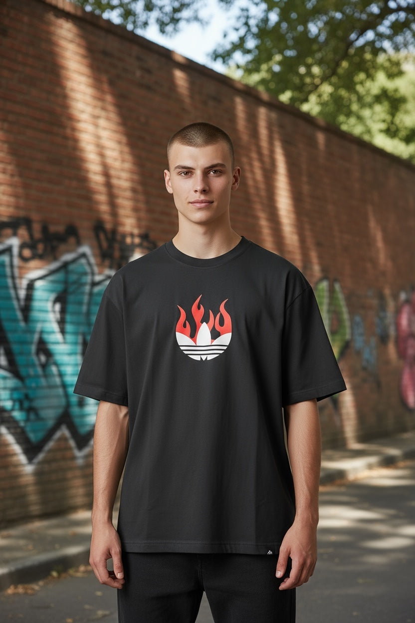 Adidas authentic resale Mens small black Flame logo T-shirt new with tags (E2V)